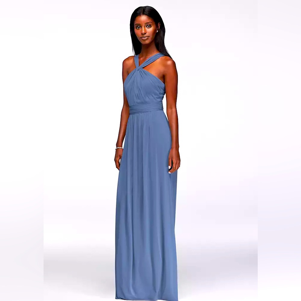 David's Bridal, W11173, Steel Blue, Y-neck Long Mesh Bridesmaids Dress
